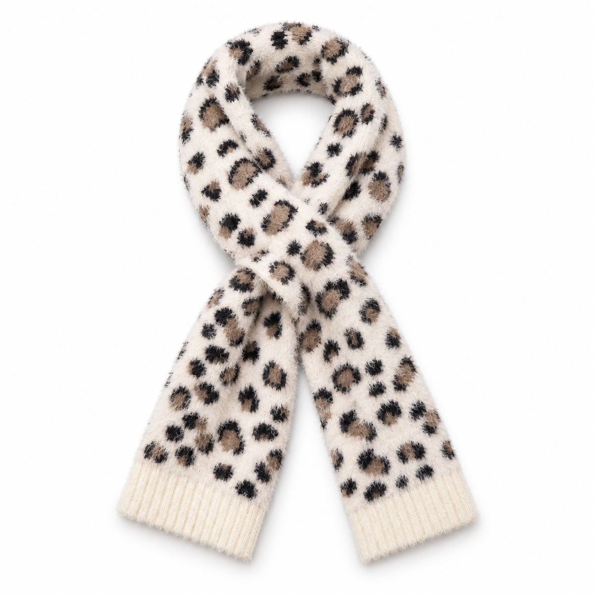 Cream, black and beige leopard pull-through scarf on white background