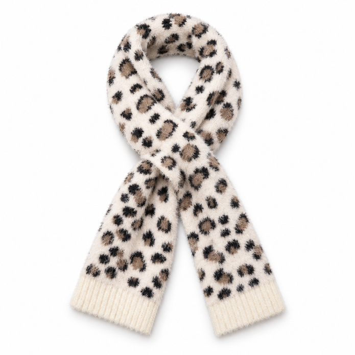 Cream, black and beige leopard pull-through scarf on white background