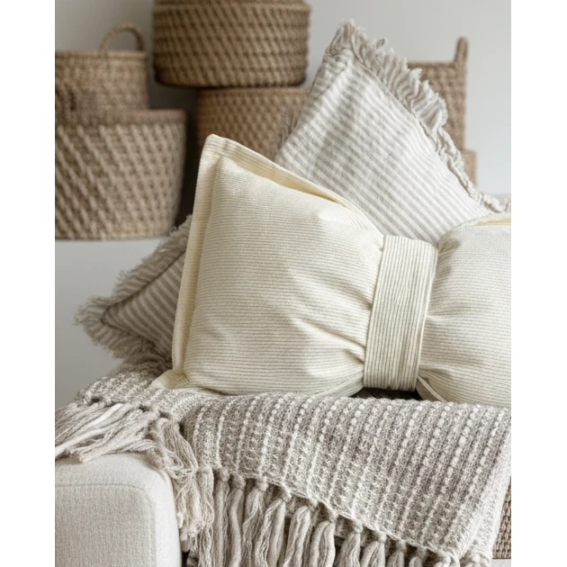 Cream neutral corduroy striped bow cushion by Starlight Express, featuring soft fabric and a charming bow design.