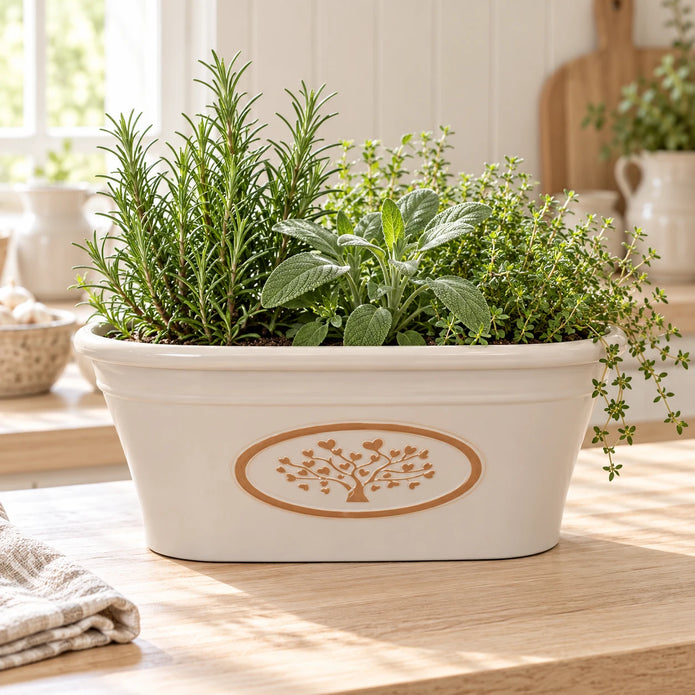 Cream oval planter filled with rosemary, sage and thyme on a pale oak cottage kitchen worktop.