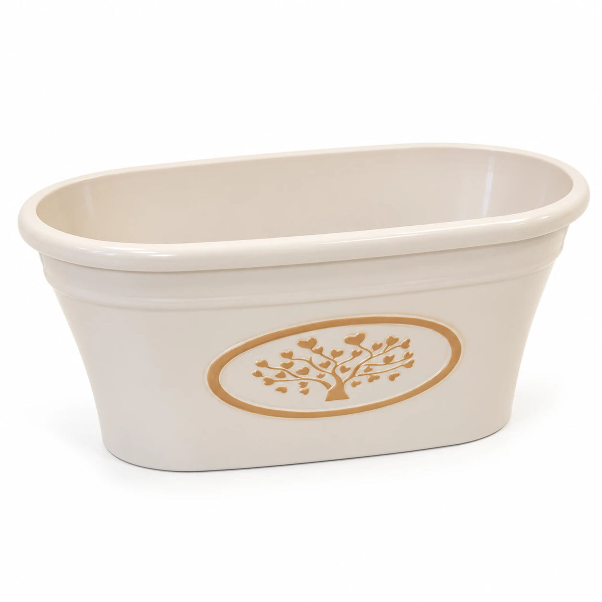Close-up of the cream oval planter showing its rounded rim, opening and moulded upper edge.