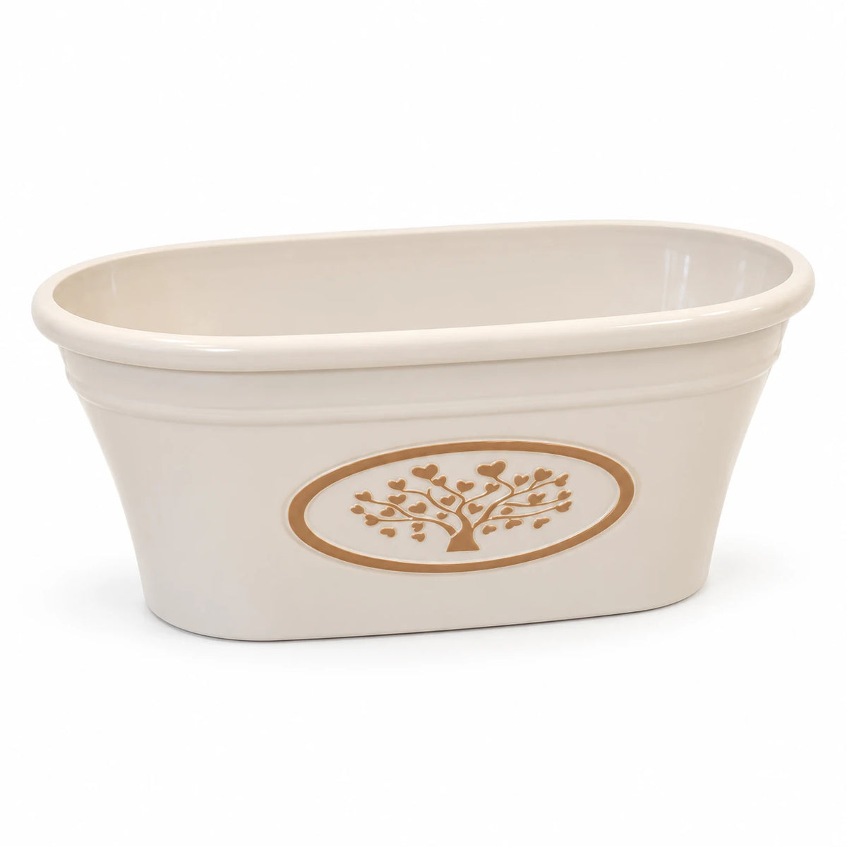 Cream oval recycled plastic planter pot with warm taupe heart-tree medallion, shown empty on white.