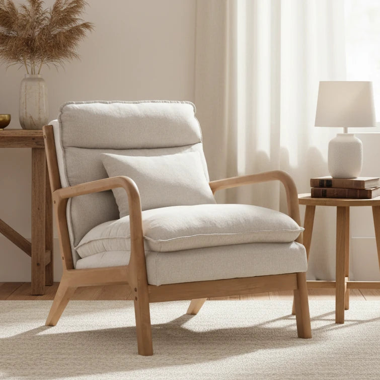 Cream Retro Wooden Framed Arm Chair, cream cushioned wooden armchair in a neutral living room