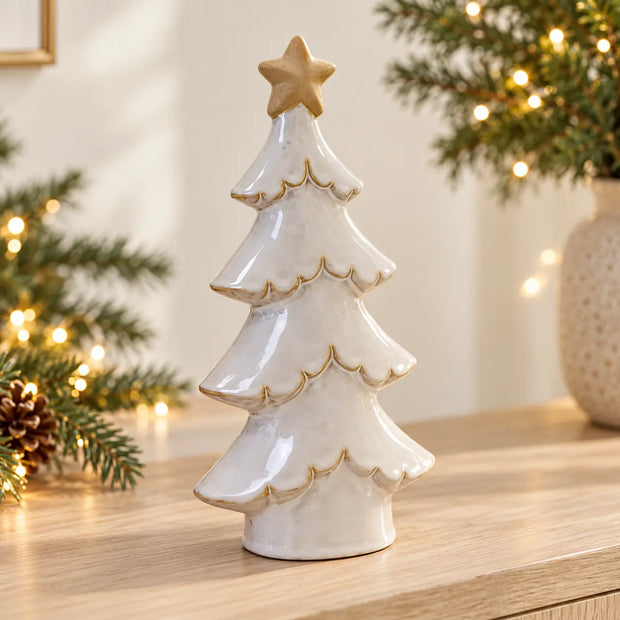 Satchville large glazed ceramic Christmas tree with cream star topper on a console table
