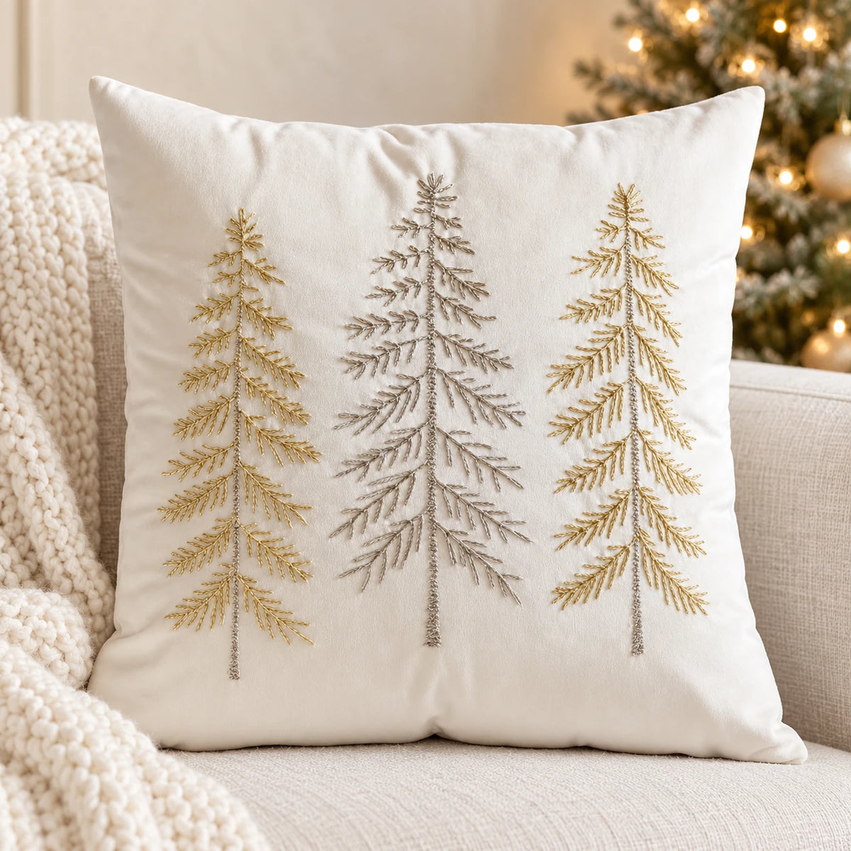 Cream velvet cushion cover with gold and silver embroidered Christmas trees styled on an ivory sofa