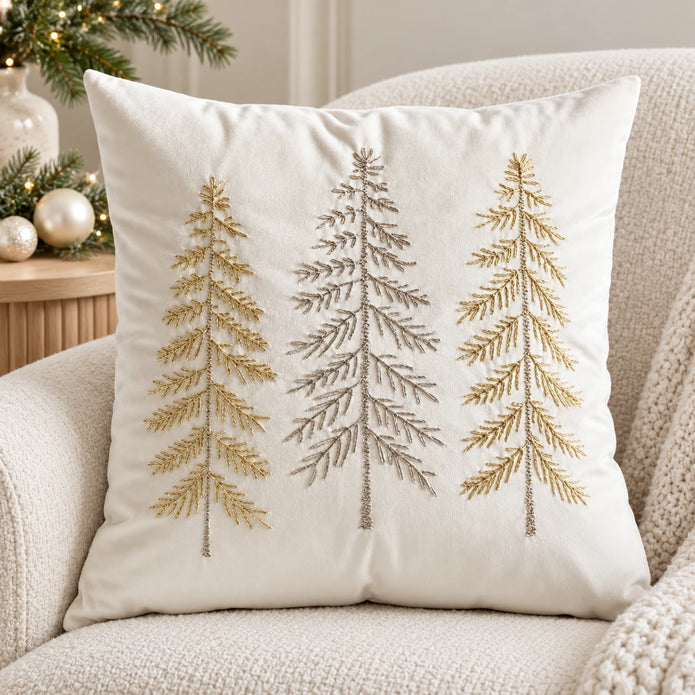 Cream embroidered tree cushion cover on a neutral armchair beside Christmas greenery