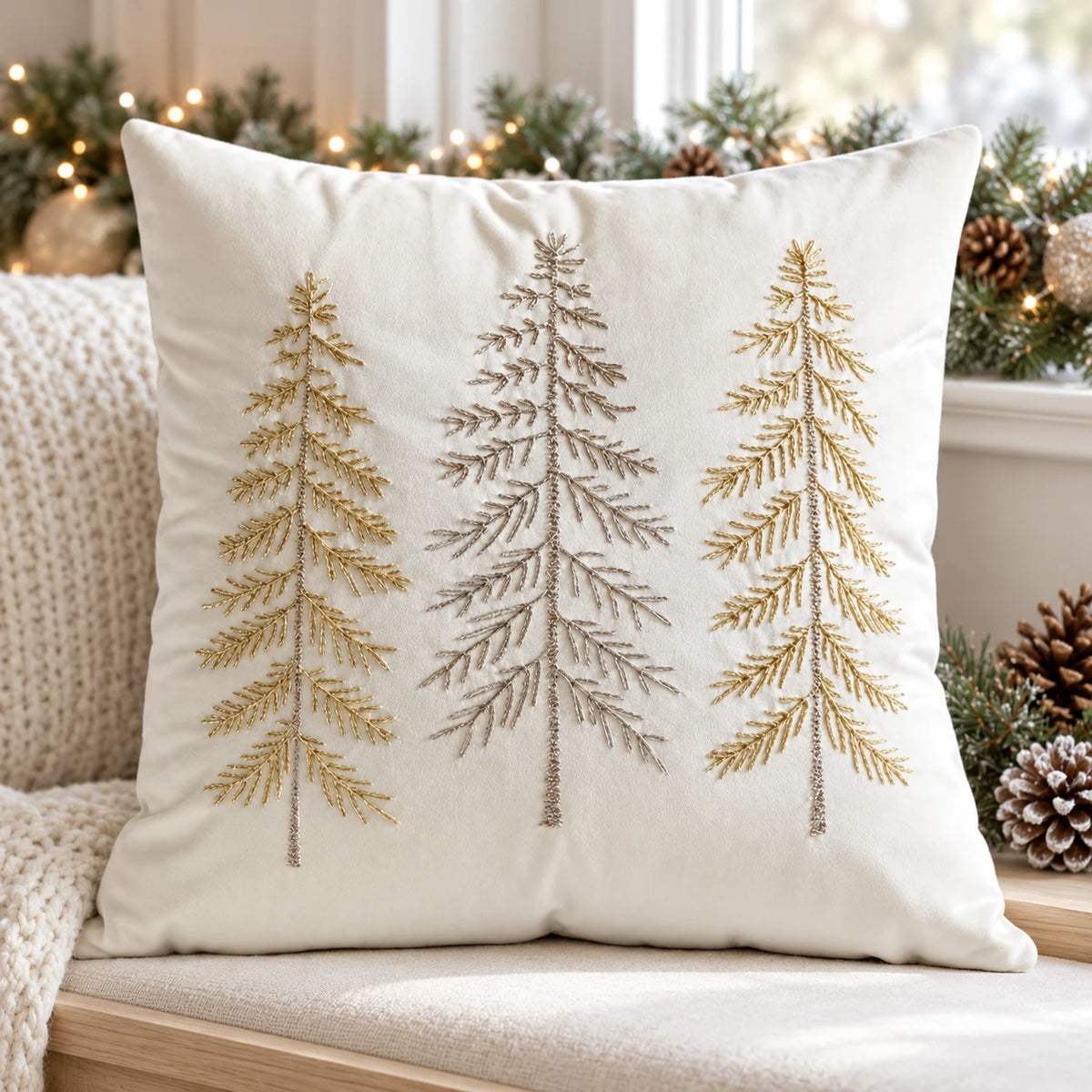 Cream velvet Christmas tree cushion cover on a pale oak window seat with a festive garland