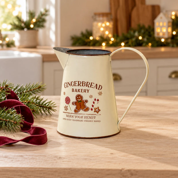 Cream zinc Gingerbread Bakery Jug on an oak Christmas kitchen counter
