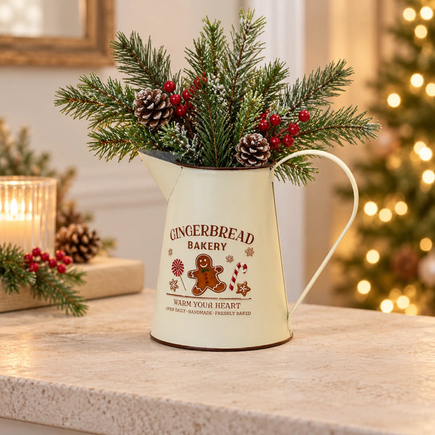 Cream Gingerbread Bakery Jug styled with faux evergreen, berries and pinecones for Christmas