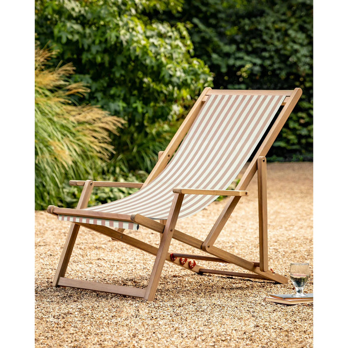 Creta wooden striped beige garden chair by Gallery Direct, showcasing its woven wooden design and comfortable outdoor seating