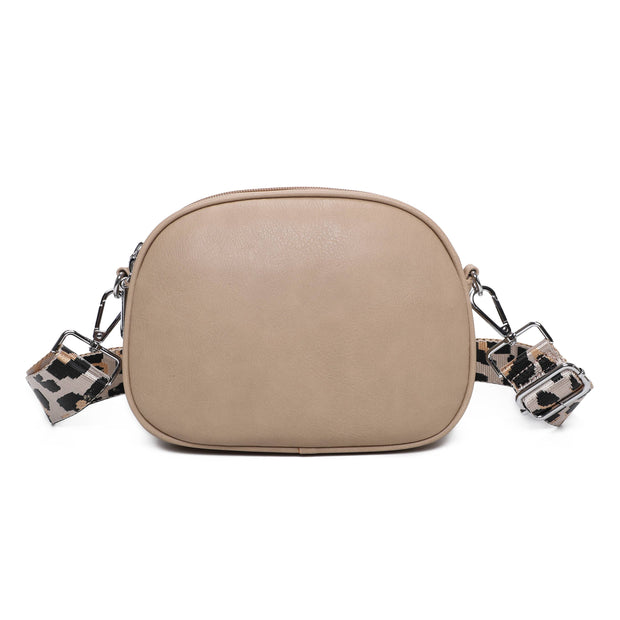 Rounded Crossbody Bag with Pattern Strap, beige rounded crossbody bag with a leopard-patterned strap