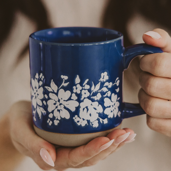 Blue Floral Stoneware Coffee Mug - Summer Home Decor