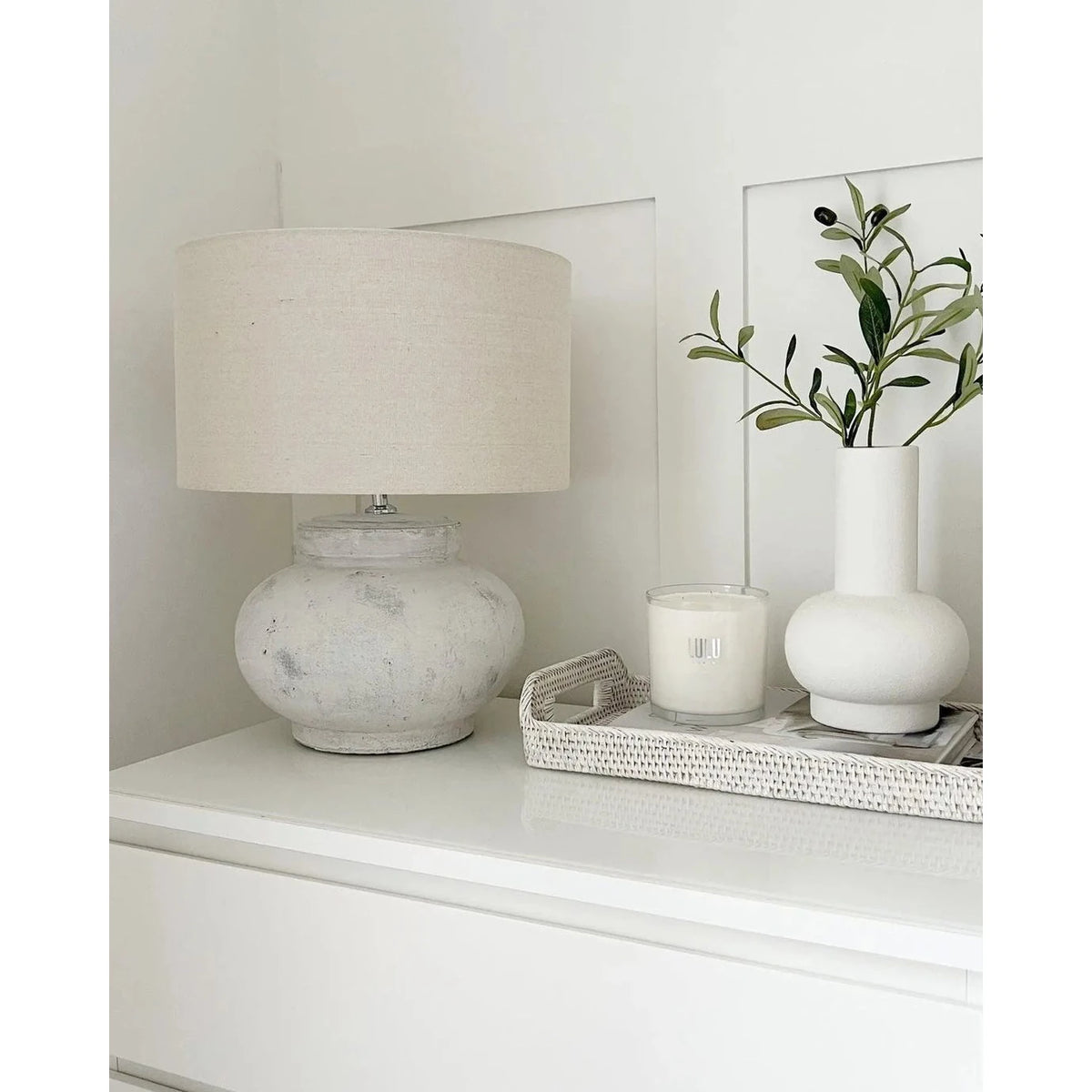 Hill Interiors Darcy Squat Round Design Stone Lamp, 50cm tall, with smooth rounded shape and textured stone finish, ideal for ambient lighting.