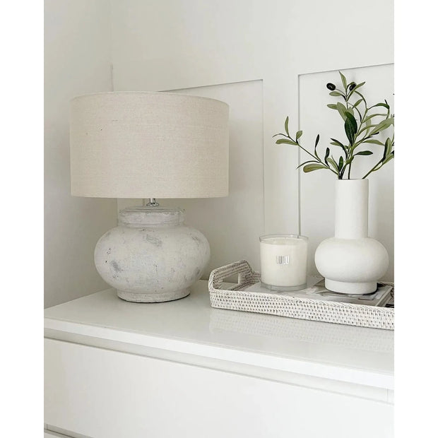 Hill Interiors Darcy Squat Round Design Stone Lamp, 50cm tall, with smooth rounded shape and textured stone finish, ideal for ambient lighting.