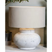 Hill Interiors Darcy squat round stone lamp, stylish lighting fixture with a smooth, rounded design and textured stone finish.