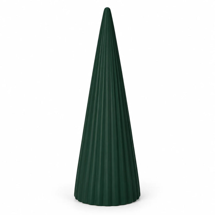 Single dark green ribbed ceramic Christmas tree shown completely on white