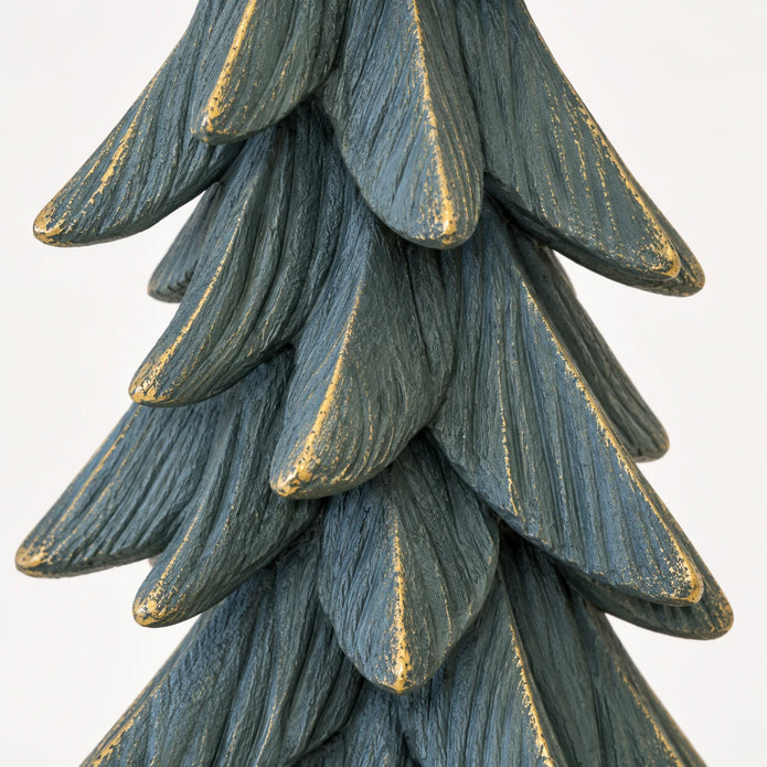 Close-up of textured dark sage resin branches with distressed gold edging against white.