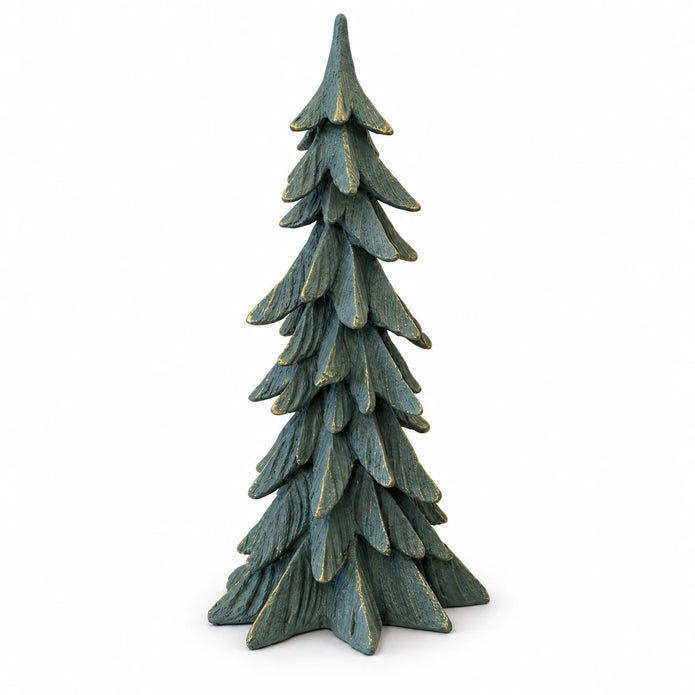Full view of the tall dark sage resin tree with gold edging against white.