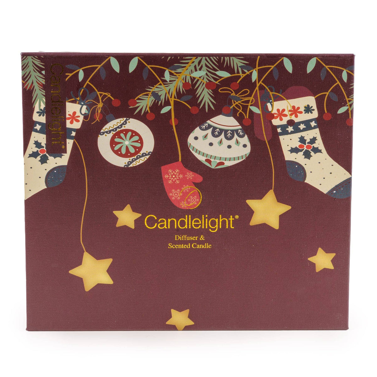 Burgundy stockings, baubles, and a festive diffuser and candle gift set for Christmas, featuring candlelight products.