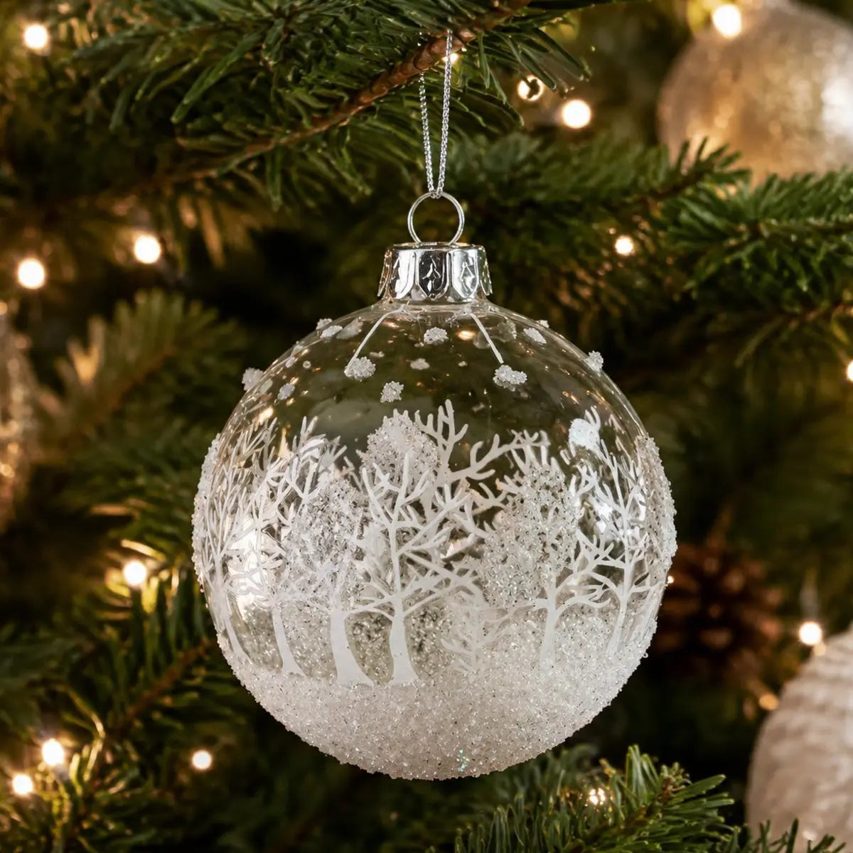 White Glass Bauble With Snowy Winter Scene, close-up product detail