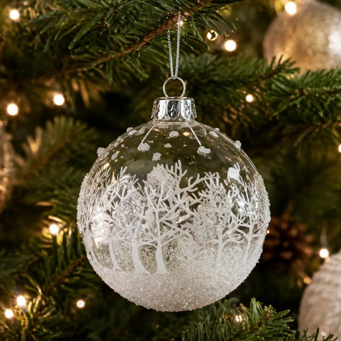 White Glass Bauble With Snowy Winter Scene, close-up product detail