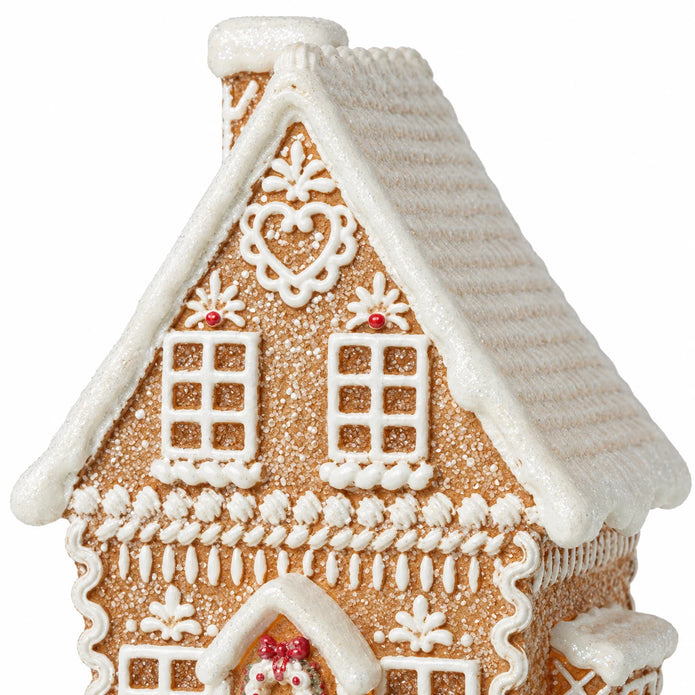 Close-up of the gingerbread house roof, white icing heart and upper windows