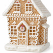 Close-up of the gingerbread house wreath doorway, icing lattice and snowy base