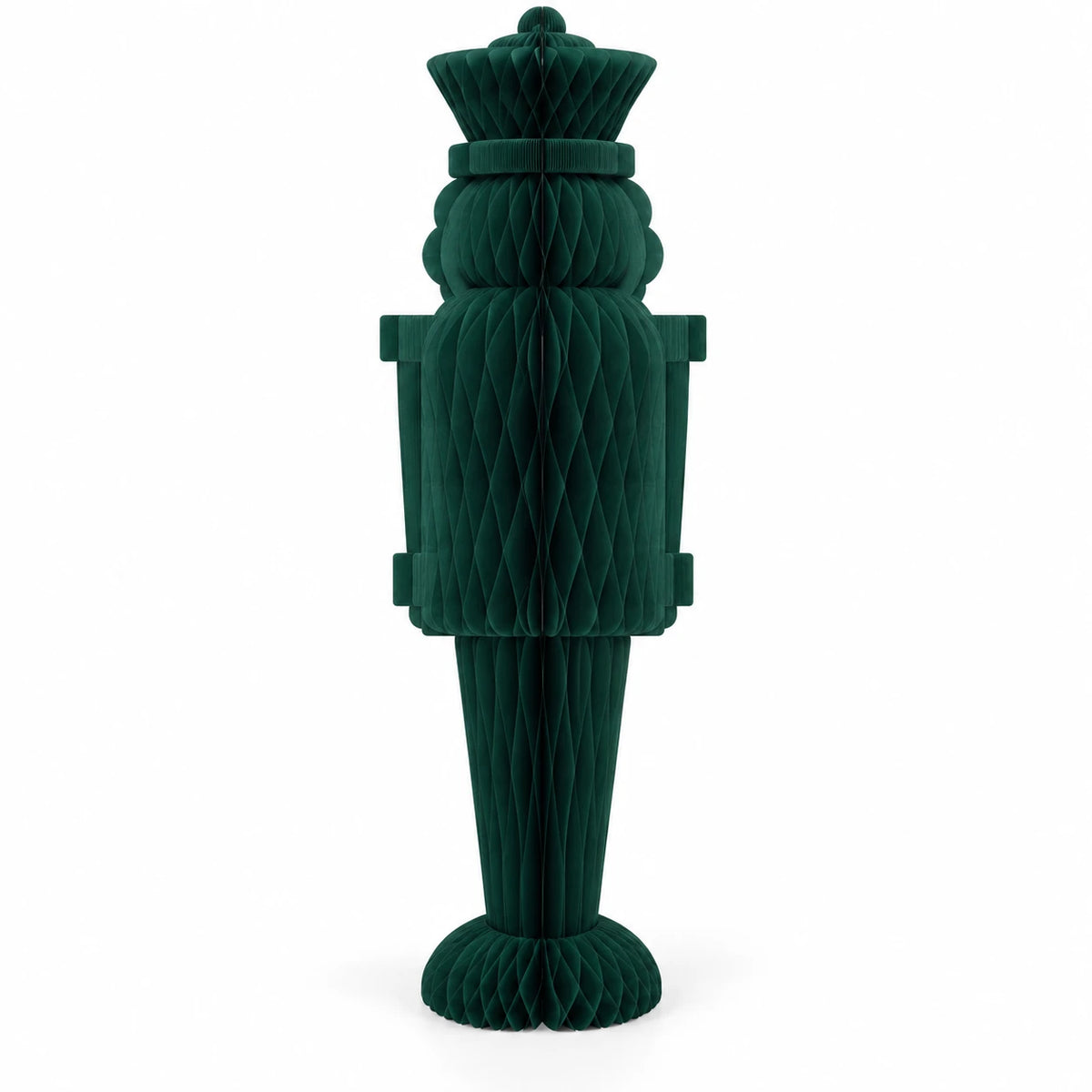 Full view of the deep green paper nutcracker on a white background