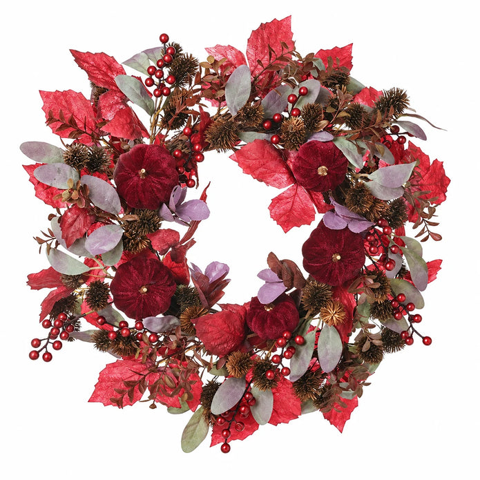 Deep red foliage and pumpkin Christmas wreath by Heaven Sends, featuring festive fall-inspired decorations and rich seasonal colors.