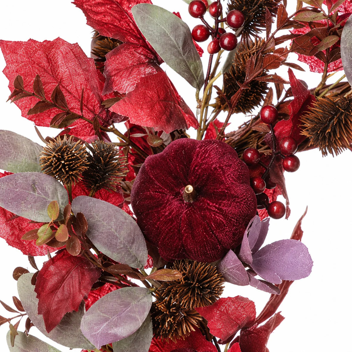 Deep red foliage and pumpkin Christmas wreath by Heaven Sends featuring vibrant autumnal accents and detailed pumpkin embellishments.