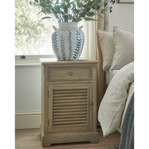 Hill Interiors Delphine Collection bedside table with one drawer and door, left-hand side, in a modern furniture and mirror style