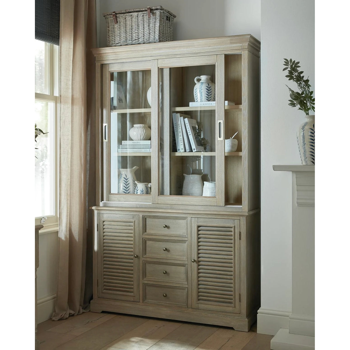 Delphine Collection sliding glass dresser top by Hill Interiors, modern furniture piece with clear glass surface and sleek design.