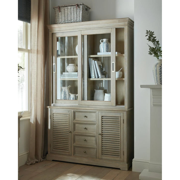 Delphine Collection sliding glass dresser top by Hill Interiors, modern furniture piece with clear glass surface and sleek design.