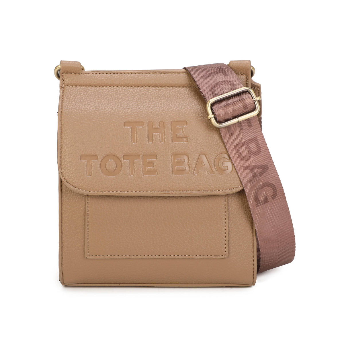 Chocolate brown Jamie Bags crossbody bag with wide strap and front pocket, showing the stylish accessory and adjustable strap.