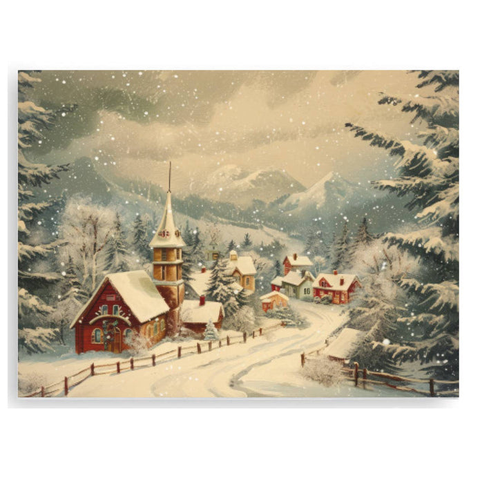 Brayden and Brooks 8x10 canvas wall art featuring a snowy village scene with cozy cabins and winter trees.