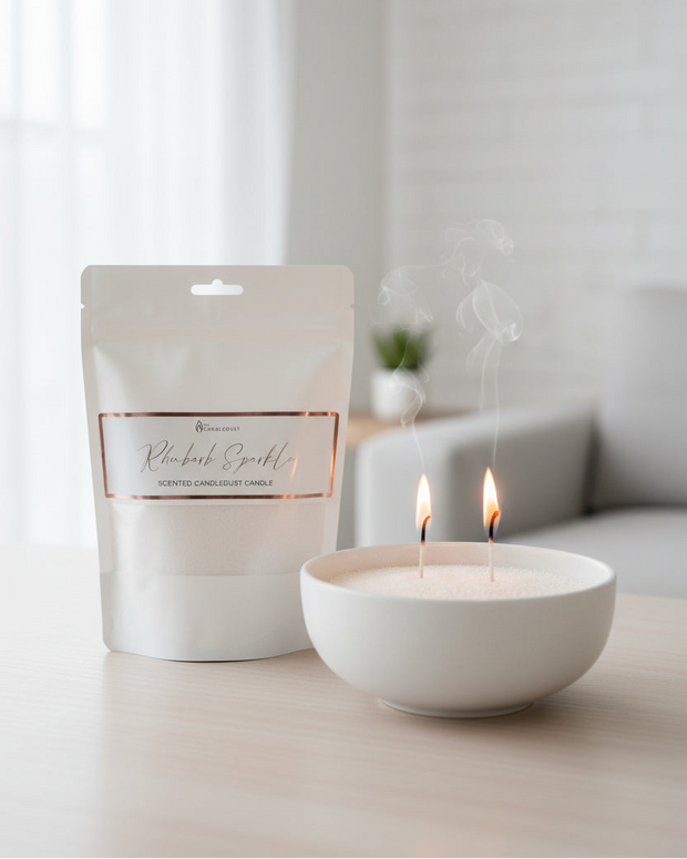 White scented candle sand kit by The Candledust with rhubarb sparkle home fragrance, showing the candle and colorful sand materials.