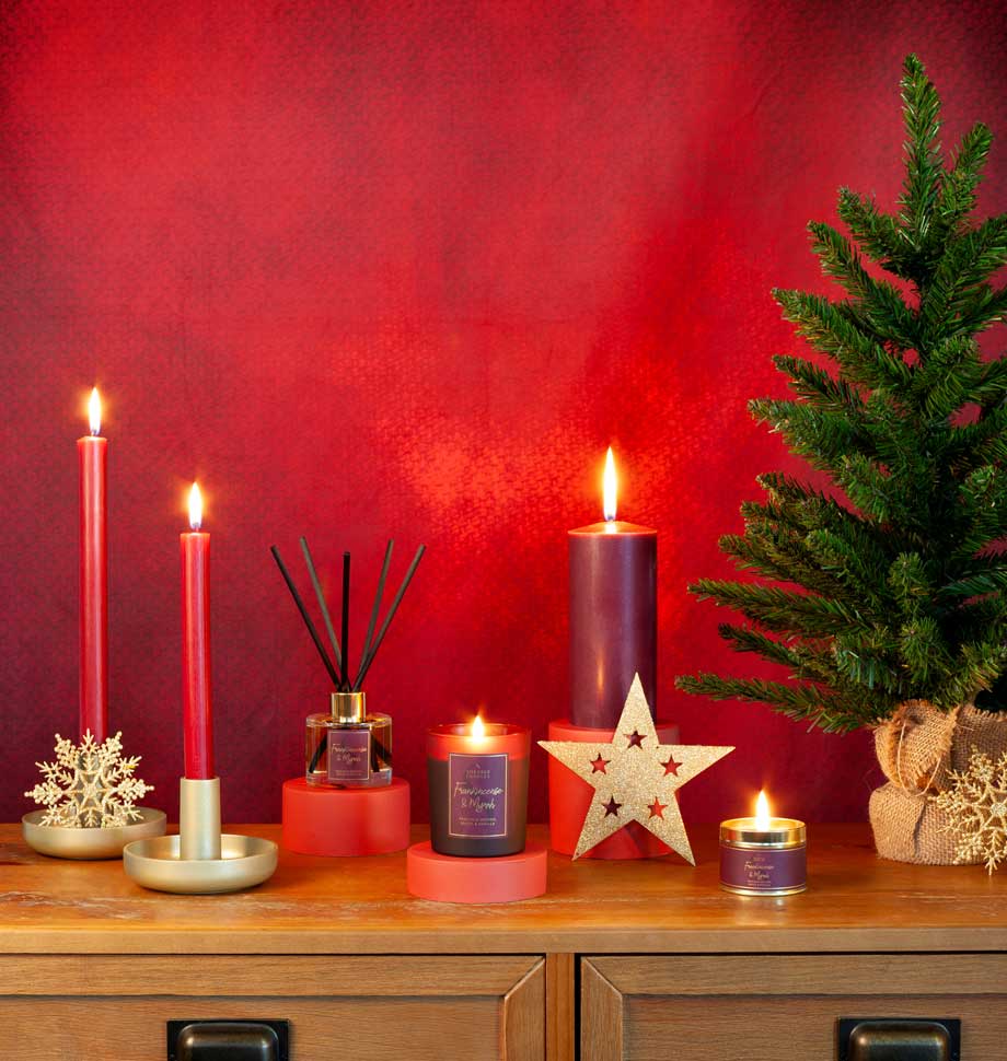 Shearer Candles Christmas jar candle featuring frankincense and myrrh scent in a festive glass jar.