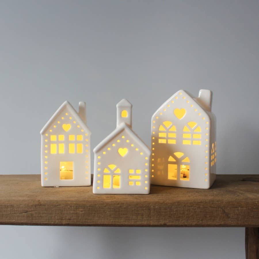 White small light-up LED Christmas house with heart by Gainsborough Giftware x Portland Living
