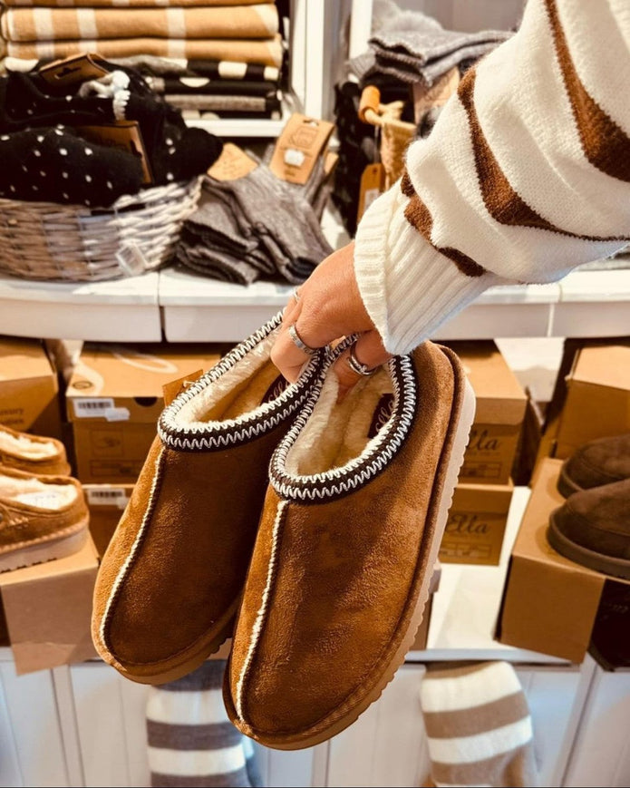 Chestnut brown Ella Shoes Ltd faux fur-lined Tazz Mule slippers for cozy indoor comfort, shown in size UK3 / EU36.