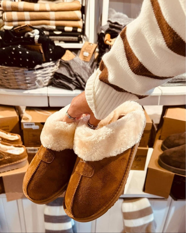 Chestnut brown faux fur lined cosy slippers by Ella Shoes Ltd, showing soft plush interior and comfortable slip-on design.
