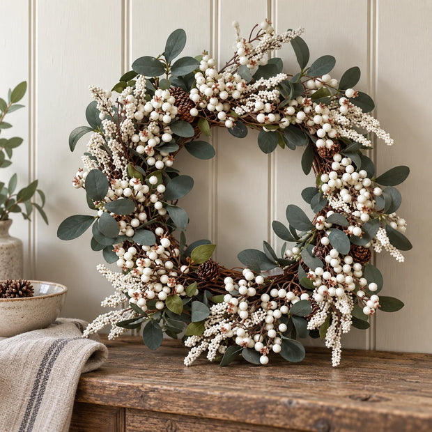 White berry and foliage wreath styled in a home