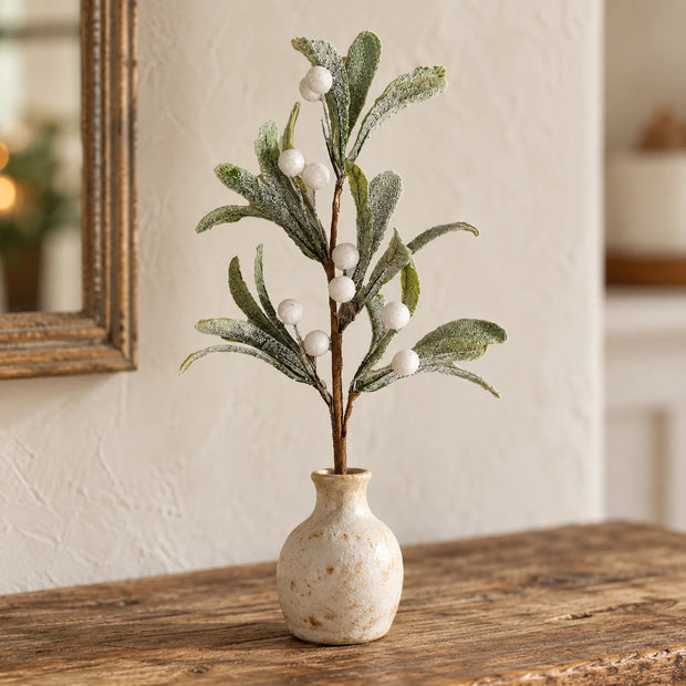 Frosted mistletoe stems displayed in a vase