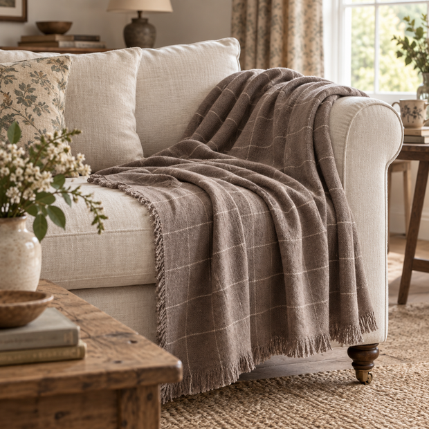 Soft Brown Checked Fine Knit Throw Blanket – styled view 1