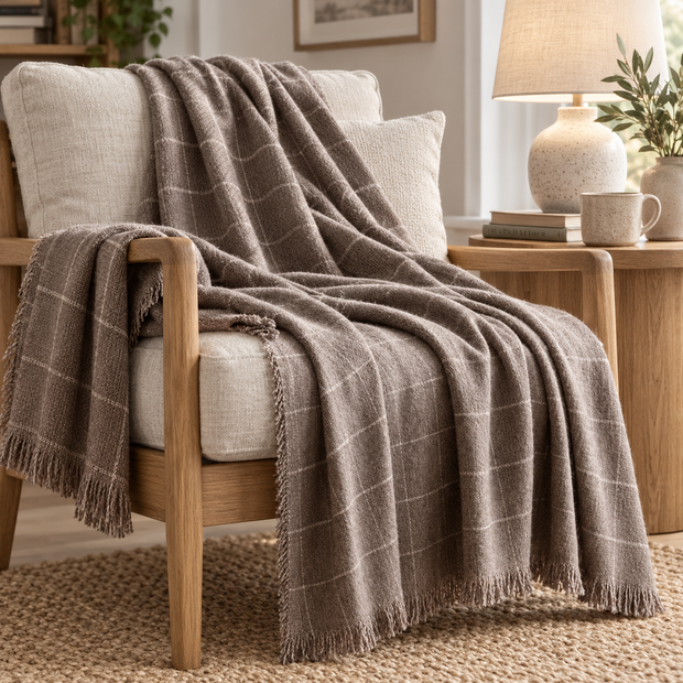 Soft Brown Checked Fine Knit Throw Blanket – styled view 2