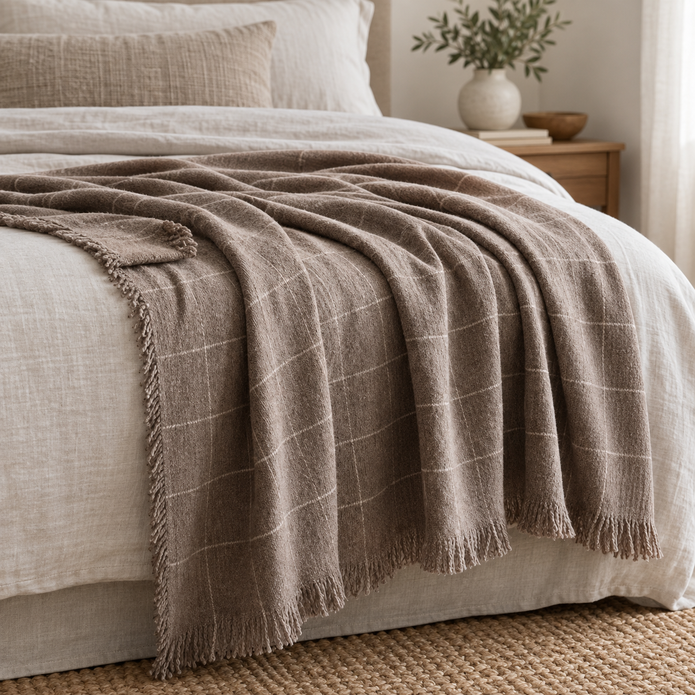 Soft Brown Checked Fine Knit Throw Blanket – styled view 3