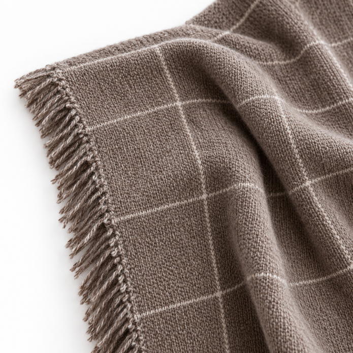 Soft Brown Checked Fine Knit Throw Blanket – fabric detail 1