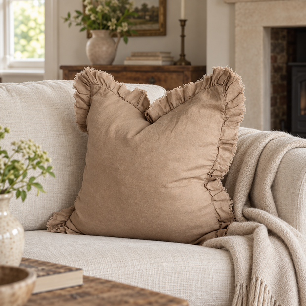 Hallie Clay Brown Square Ruffle Linen Blend Cushion Cover – styled view 1