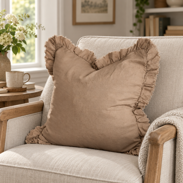 Hallie Clay Brown Square Ruffle Linen Blend Cushion Cover – styled view 2
