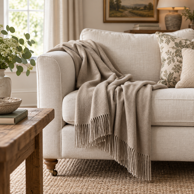 Beige Brown Fine Knit Tasseled Throw Blanket - Della – styled view 1