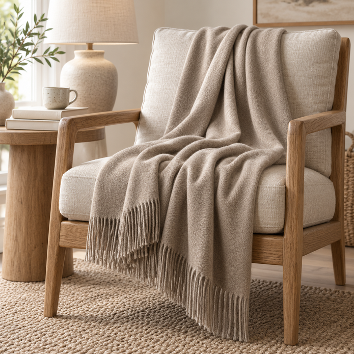 Ellenvale beige and brown fine knit tasseled throw blanket, soft furnishings, cozy and stylish for home decor.